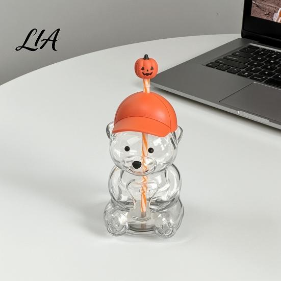 Water Drinking Cup 600ML Bear Glass Tumbler with Lid & Straw, 20oz Borosilicate Juice for Iced Coffee, Boba Tea, Milk, Gift Women Girls Cold