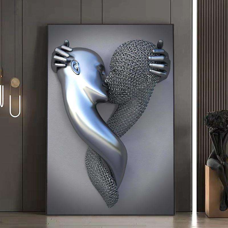3D Love Heart Серая металлическая фигура Статуя Плакаты и принты Современная картина на холсте Настенные картины для гостиной Домашний декор