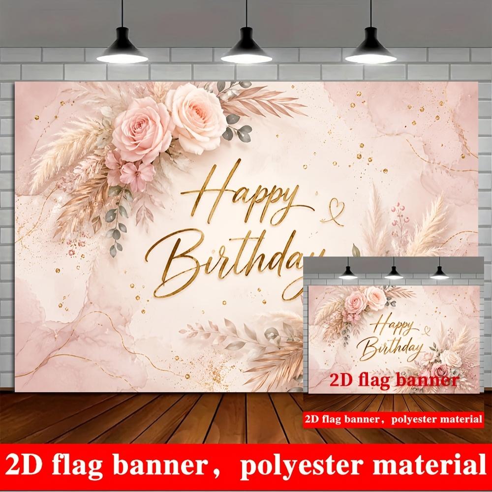 Pink Happy Birthday Banner Backdrop Marble Roses Pampas Greenery Polyester