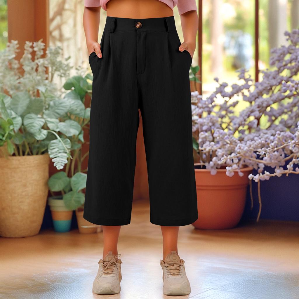 Capris Pants For Women Cotton Linen Casual Summer Straight Wide Leg Loose Drawstring Elastic Waist Cropped Trouser