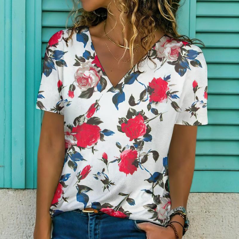 Новинка 2024 года, женская футболка с цветочным принтом, топ больших размеров, женская трендовая одежда, модная рубашка с коротким рукавом, большая блузка с v-образным вырезом