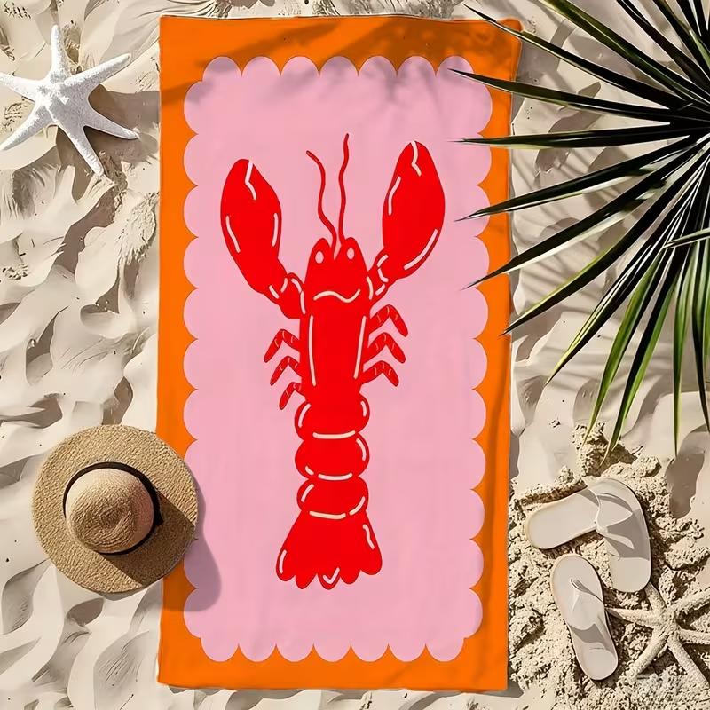 Cute Red Lobster Cartoon Beach Towel Coastal Print Soft Absorbent Quick Dry Beach Blanket for Travel Vacation Daily Use