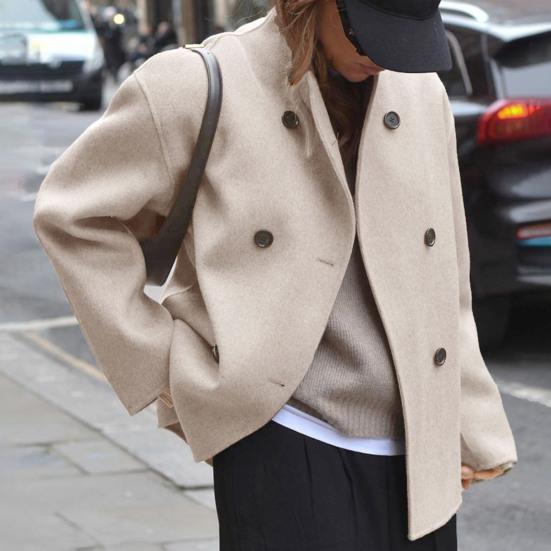 Женское зимнее укороченное шерстяное пальто двубортное нарядное жакет осень повседневный длинный рукав короткое пальто-бушлат