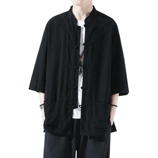 Мужская рубашка в китайском стиле, свободная рубашка в стиле ретро на пуговицах с карманами, хлопковая льняная дышащая летняя рубашка для уличных вечеринок и путешествий