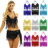 Women 2PCs Belly Dance Costumes Sequins Bra Tops with Tassel Hip Scarf Dancewear