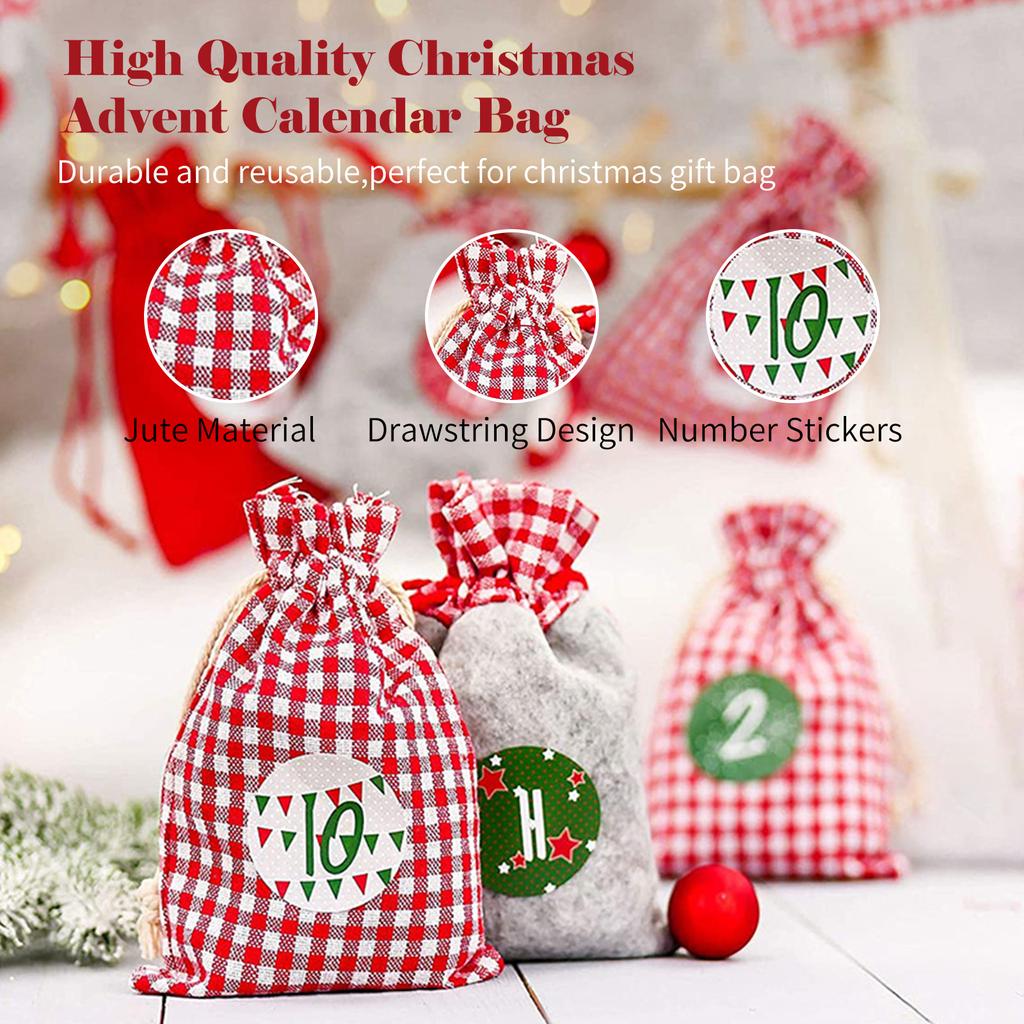24 шт. сумки для рождественского календаря, 24 дня, календарь обратного отсчета до Рождества, мешковина, сумка для конфет с деревянными вставками