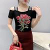 Streetwear Girl Summer Chic Clothes Mesh T-Shirts Shiny Flower Hot Diamonds Women's Tops New Sexy Off Shoulder Short Sleeve Tees