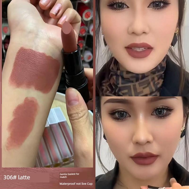 Hong Kong Style 202 Milk Brown Lipstick Female Student Full Matte 201 Chestnut Soil Color Series Waterproof No Stain on Cup Non-Decolorizing