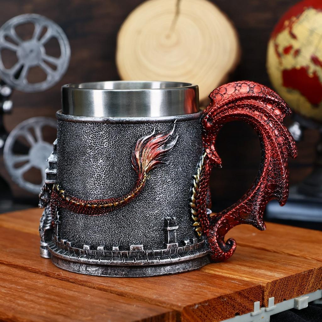Винтажная кружка с драконом в виде замка, расписанная вручную, из смолы, нержавеющая сталь, пивная кружка, чашка для кофе и чая, креативный дизайн, украшение для бара(емкость 450 мл)
