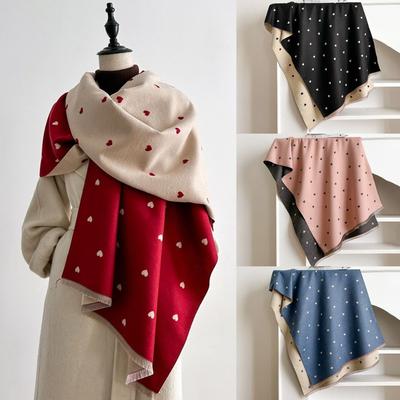 Heart-shaped Polka Dots Winter Scarf Double-Sided Shawl Wrap New Faux Cashmere Scarf Outdoor