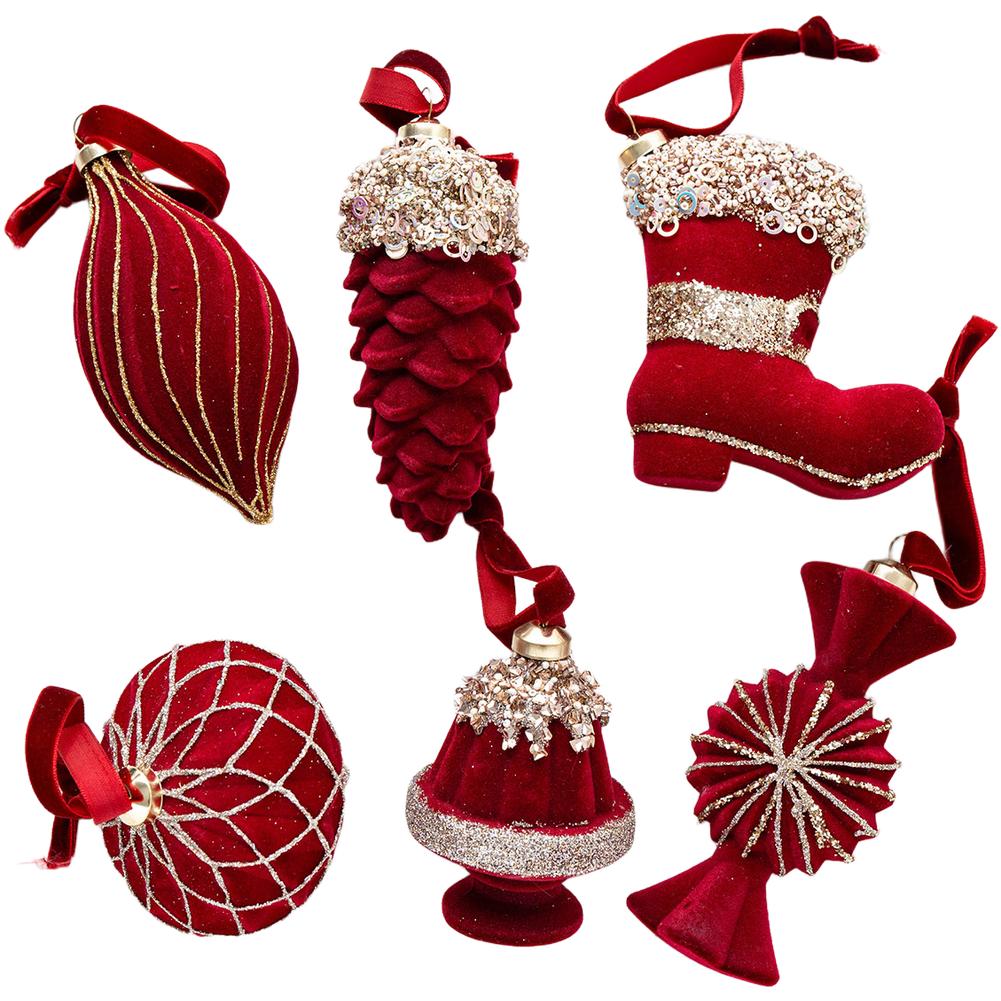 Flocked Decorative Ornaments Set of 6 for Christmas Tree and Window Display with Unique Design for Holiday Decoration