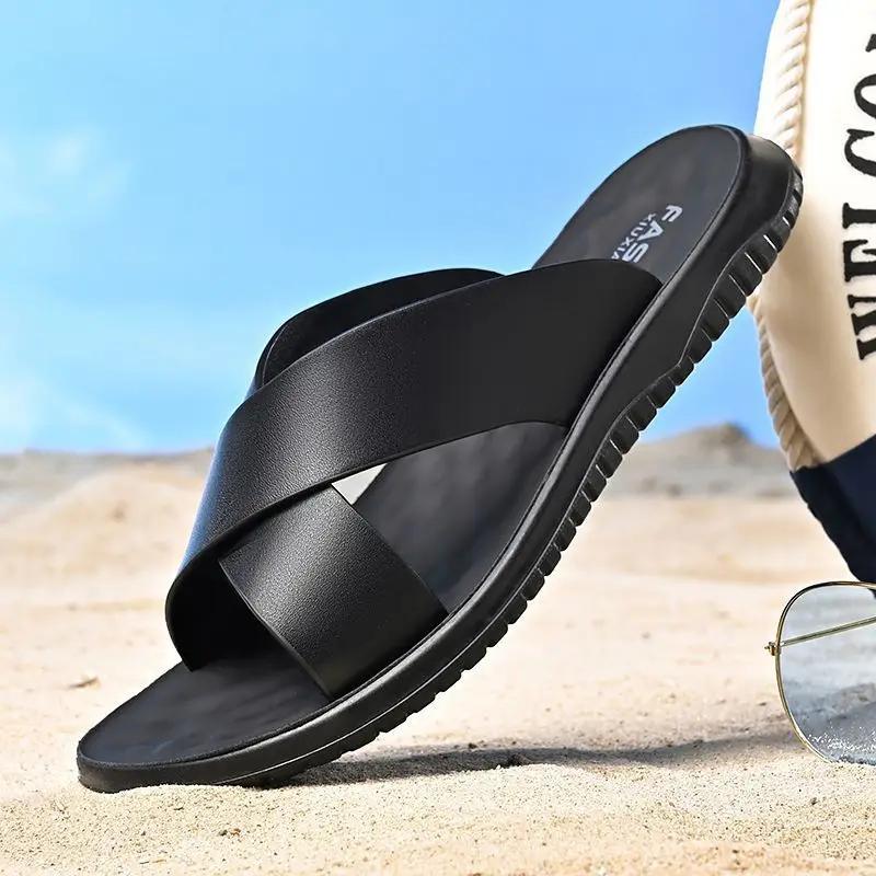 Модные мужские тапочки с открытым носком, летняя пляжная обувь, тапочки из натуральной кожи, домашние тапочки с противоскользящим покрытием, ретро-мужские тапочки с крестиком