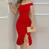 Women Prom Dress Solid Color Ruffle Split Off Shoulder Sleeveless Dress-up Slim