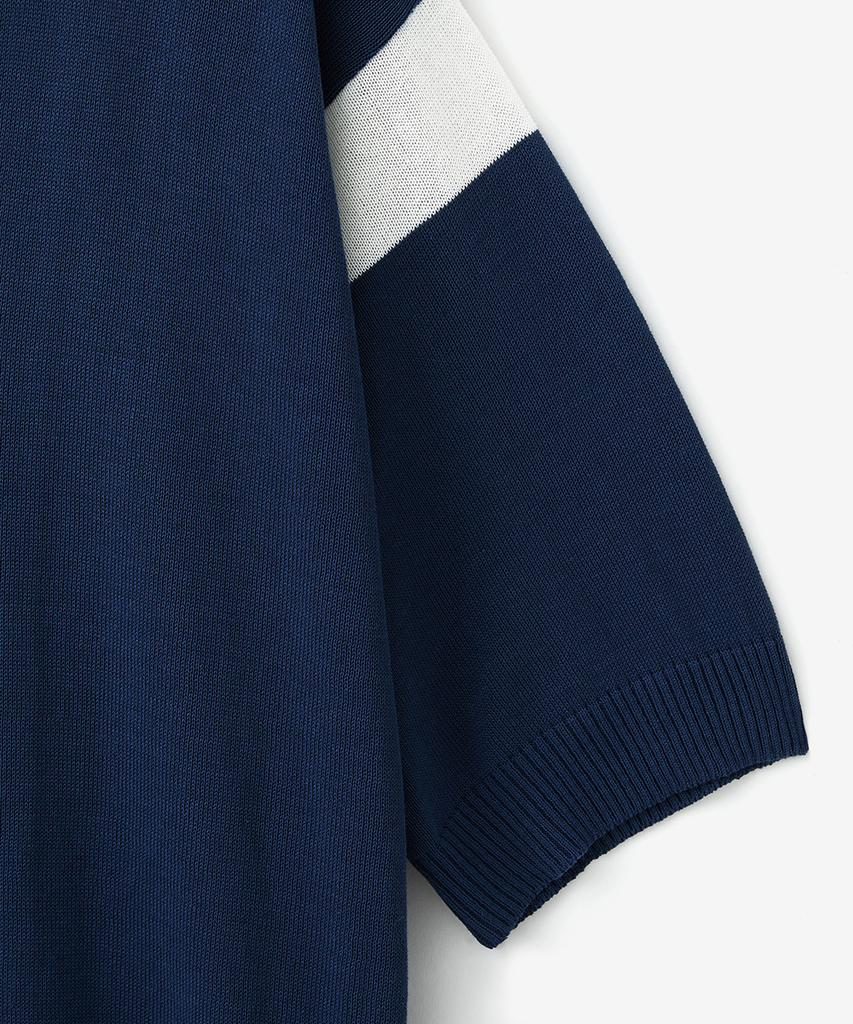 BLOND9 Cotton Varsity Open Collar Short Sleeve Knit_Navy