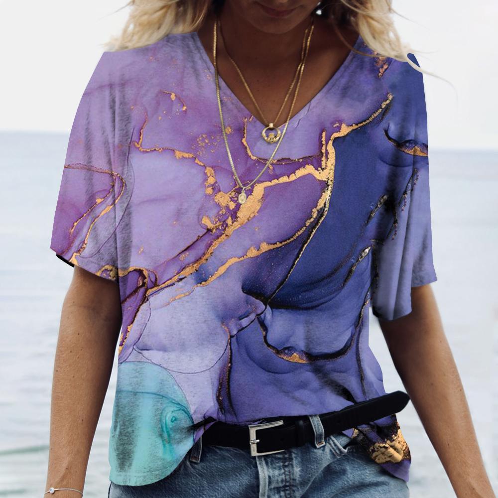 Женская футболка с 3D принтом и градиентом, одежда для девочек, блузка большого размера с v-образным вырезом, летний пуловер в стиле Харадзюку с короткими рукавами, женские повседневные топы