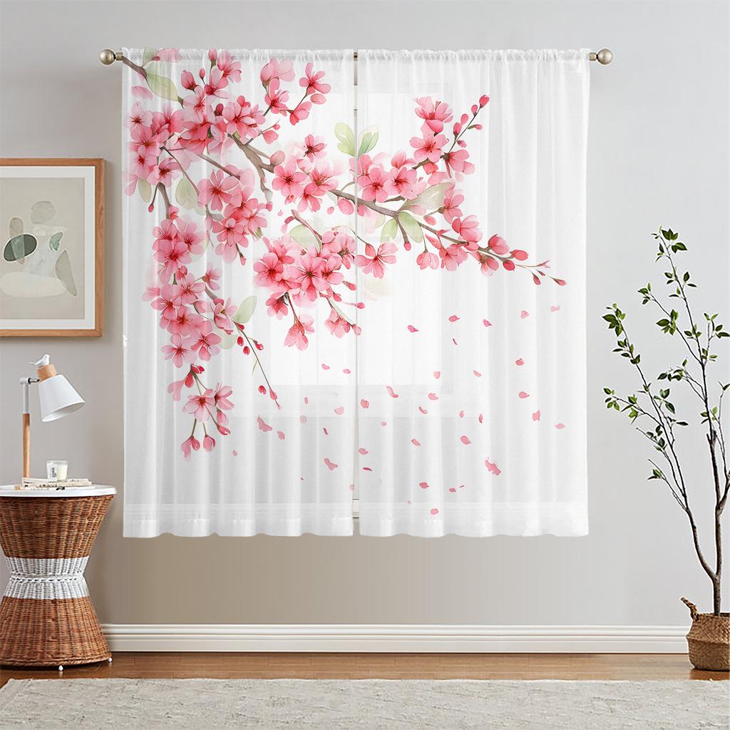 2Pc Cherry Blossom Print Curtains, Polyester Fabric, Machine Washable, Suitable For Bedroom And Living Room Decoration
