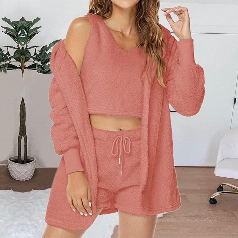 Home Wear Long Sleeved Plush Casual Three Piece Set Jacket Vest Shorts Sports Suit