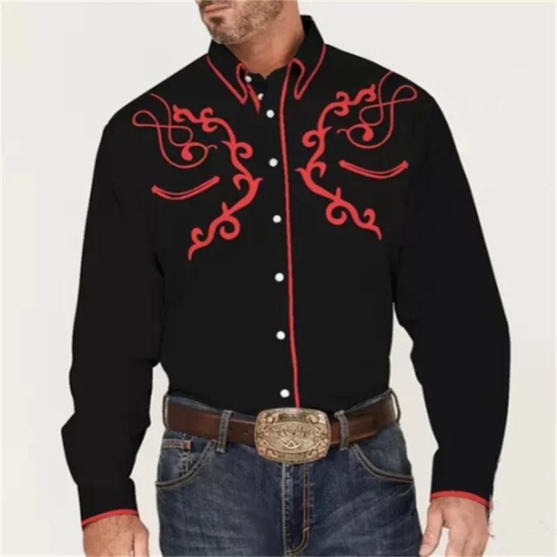 Western Embroidered Long Sleeve Shirt, Trendy Men's Casual Shirt