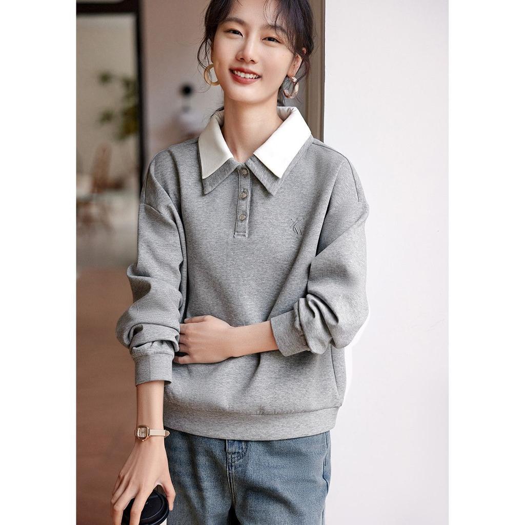 Double-layer Collar Design Gray Sweatshirt for Women Casual Simple Temperament Versatile Flesh Covering and Slimming Top