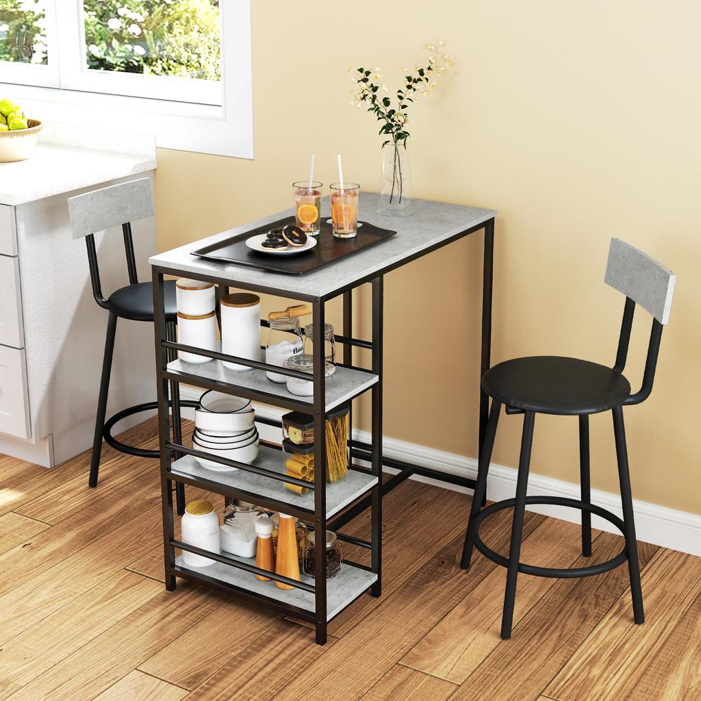 3-Piece Dining Set with Bar Table and 2 Chairs, Small Kitchen Set with Side Shelves, MDF, Metal, Black