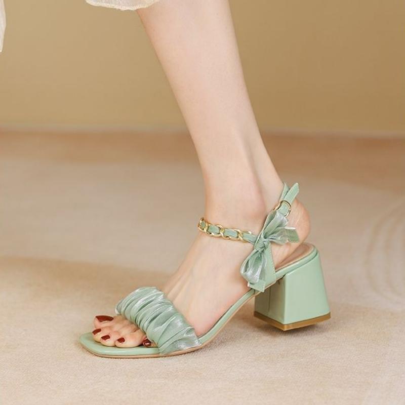 WTEMPO Брендовые летние универсальные женские босоножки A Word с бантом Mesh Fairy Thick со средним каблуком и юбкой на высоком каблуке