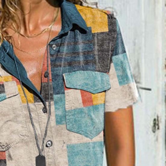 Women Short Sleeve Turn-down Collar Single-breasted Printing Casual T-shirt Blouse Streetwear