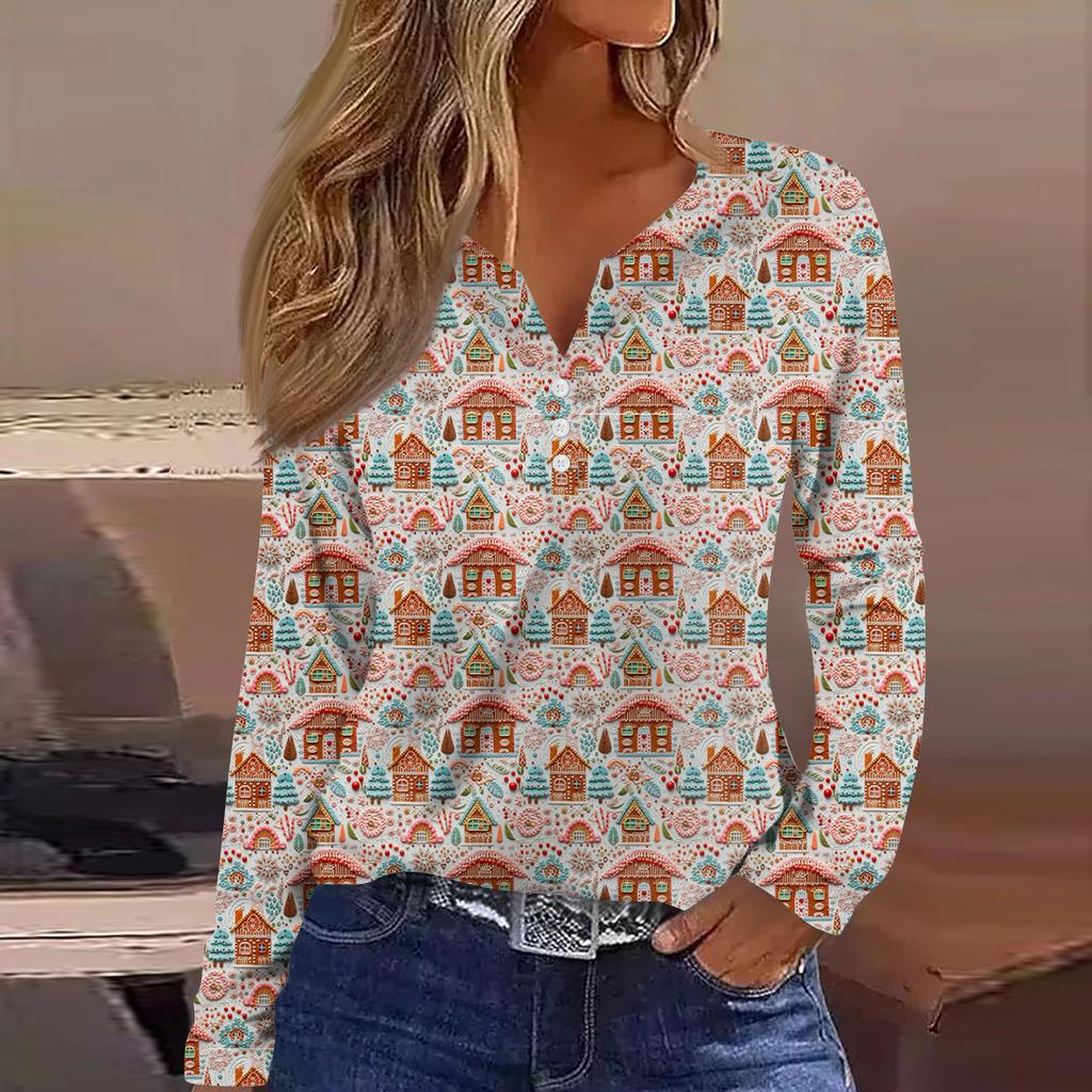 Women's Fashion Casual V-Neck Button-Up Long-Sleeve T-Shirt With Christmas Print Top