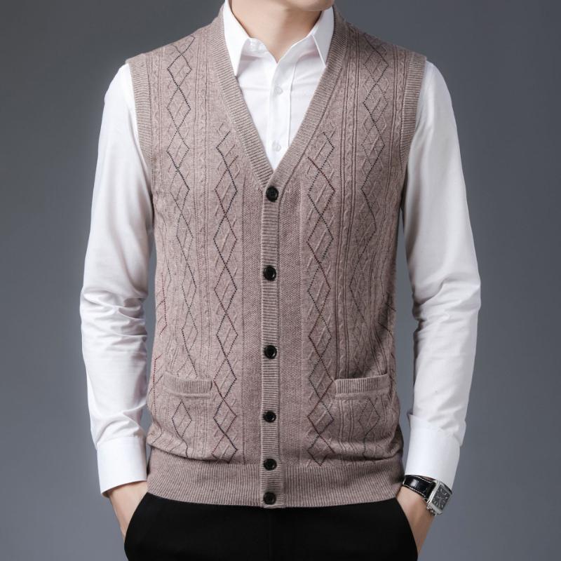 Men's Autumn Winter Wool Vest Cardigan Knitted Jacquard Casual Sleeveless Men's Sweater Base Layer Jacket