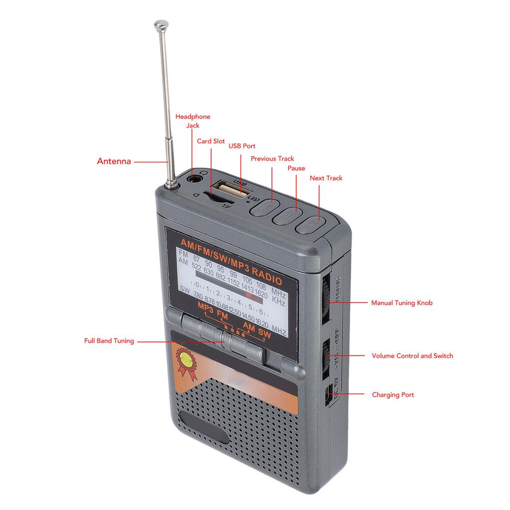 FM СВ КВ Радио на батарейках Портативное радио MP3-плеер Отличный прием Звук Радио для пожилых людей со слотом для карт для домашнего использования на открытом воздухе