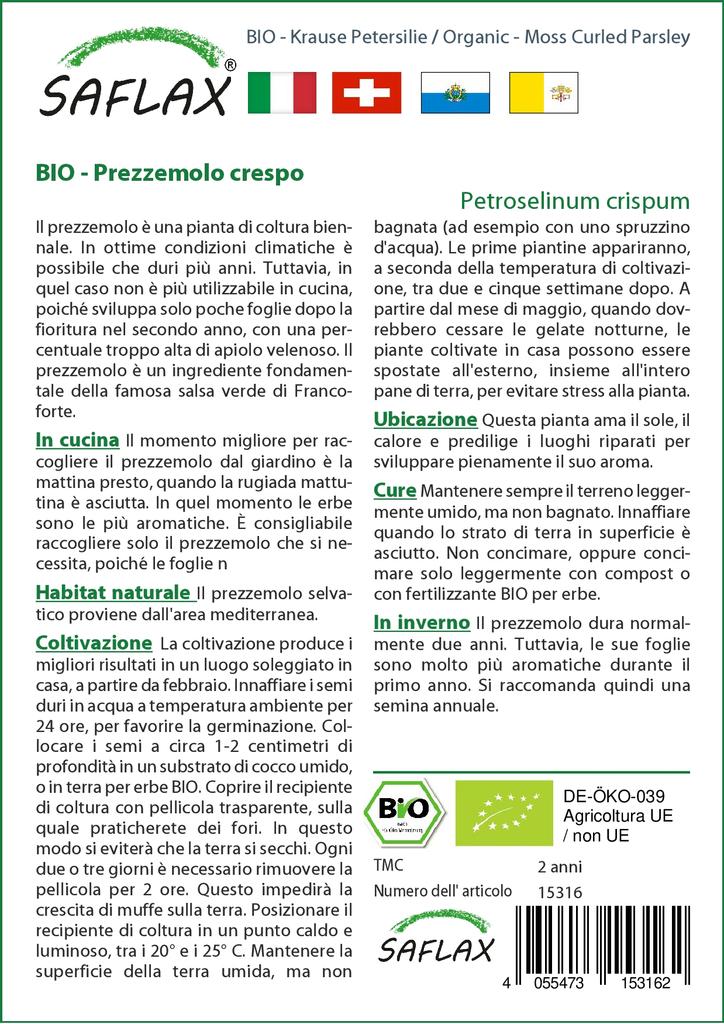 SAFLAX Garden in the Bag - Органический - Петрушка, скрученная мхом - 800 семян - С субстратом в подходящем стоячем пакете - Petroselinum Crispum