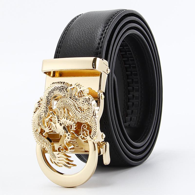 Men's Dragon-Shaped Genuine Cowhide Belt with Automatic Buckle, 14-Grain Two-Layer, Business Casual.