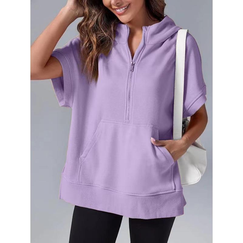 Женская весенняя новая однотонная повседневная толстовка с коротким рукавом и капюшоном