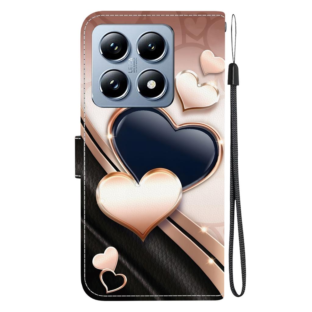 Handmade PU Leather Flip Case for Xiaomi 14T / Xiaomi 14T Pro Anti-Slip Shockproof Cover with Wrist Strap & Heart/Rose Cat Designs
