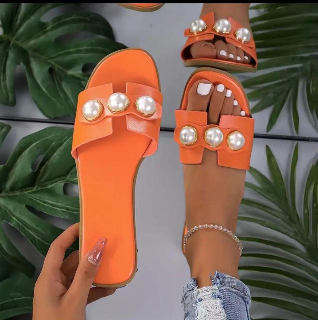 Женские тапочки Pearl Flat Slippers 2023 года — легкие пляжные сандалии на низком каблуке