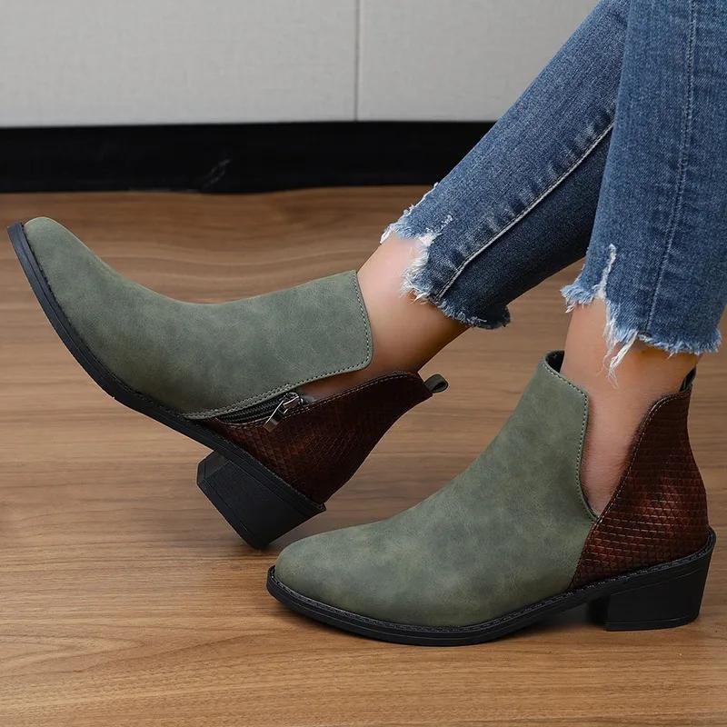 Женские ботинки 2024 года, зимняя новая мода, низкий каблук, молния сбоку, женские заостренные носки, короткие ботинки Chelsea, женские ботинки Zapatos