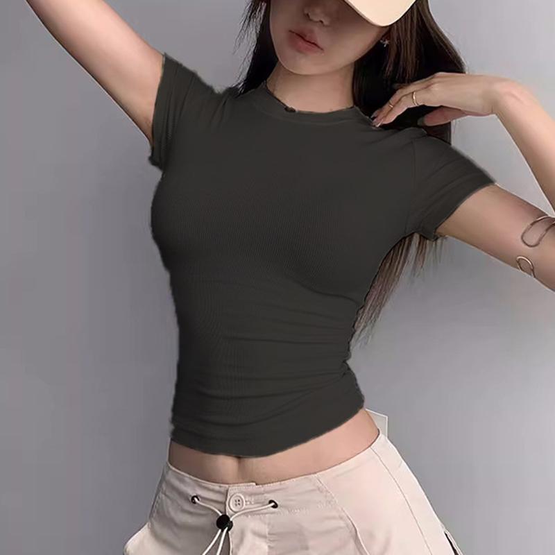 Женский сексуальный летний укороченный топ с круглым вырезом, модная повседневная облегающая футболка, короткая облегающая базовая рубашка для тренировок