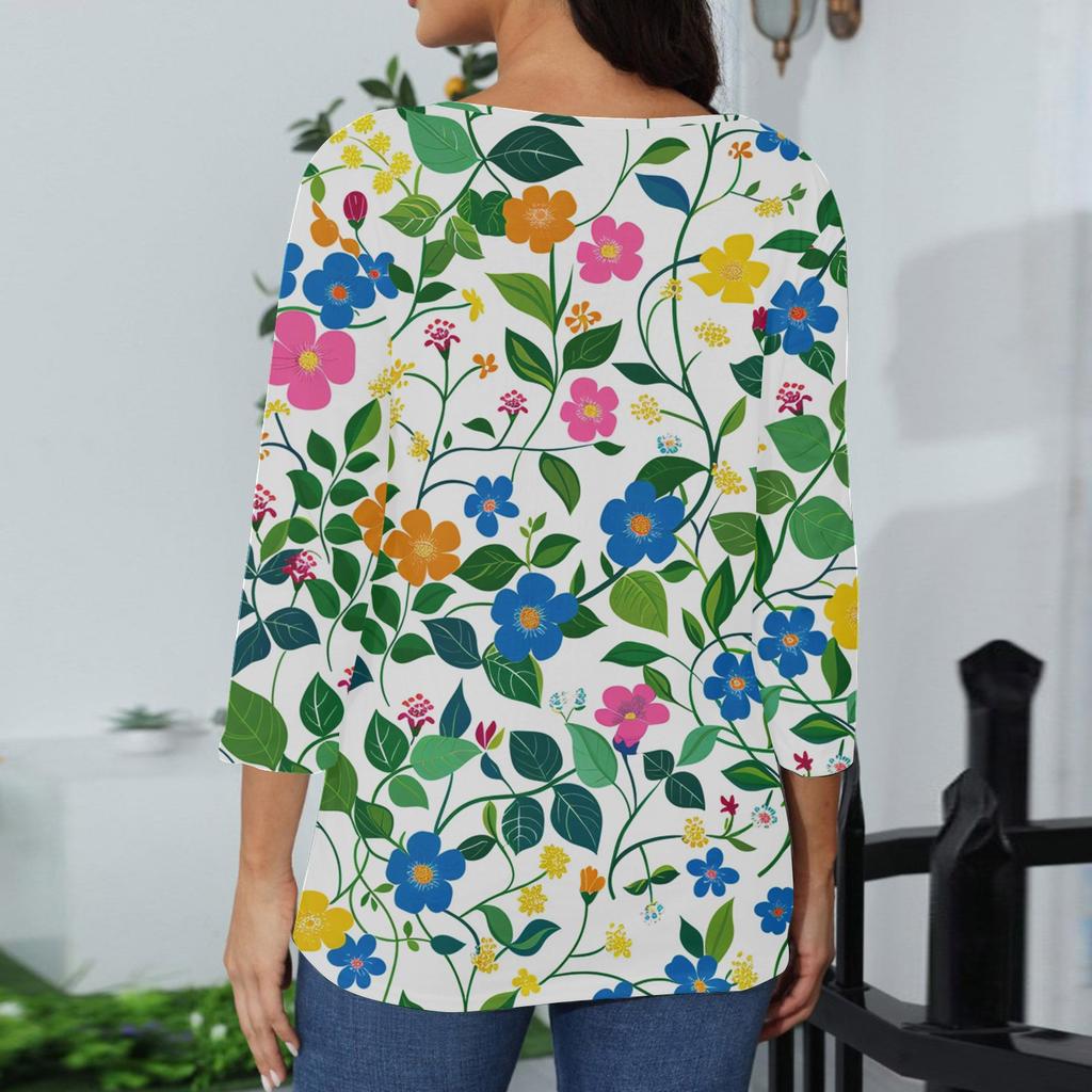 Женский топ с цветочным принтом, круглым вырезом и рукавами три четверти Футболка Футболка с рукавами три четверти