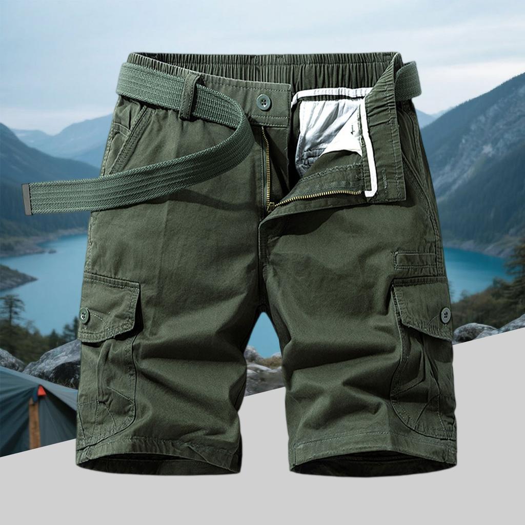 Men's Military Cargo Shorts - Multi-Pocket Zippered Elastic Waistband Drawstring Solid Color Outdoor Comfort Loose Fit