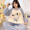 New Autumn and Winter Plush Round Collar Pajamas for Women Thickened Warm Cute Cartoon Flannel Home Clothing Set