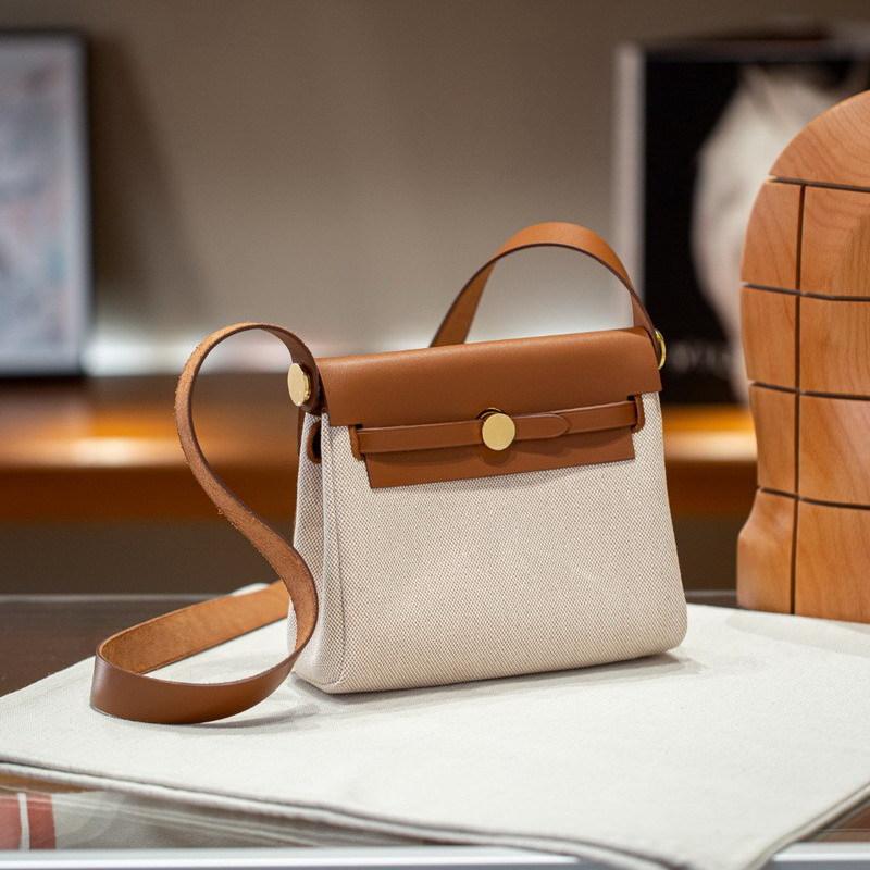 2026 New 20cm Cowhide With Canvas Leather Bag Mini Shoulder Crossbody Fabric Cross-border