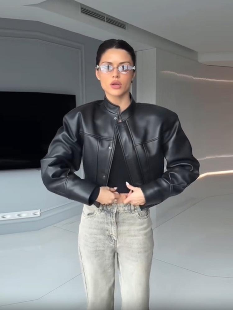 2025 Ретро Кожаная Куртка Приталенного Кроя со Стойкой для Женщин