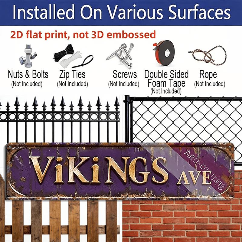 2D Flat 1pc, 15.7×3.94inch Vintage Viking Avenue Sign, Aluminum Decorative Sign, Country-Themed Wall Decoration Featuring Golden and Purple Text