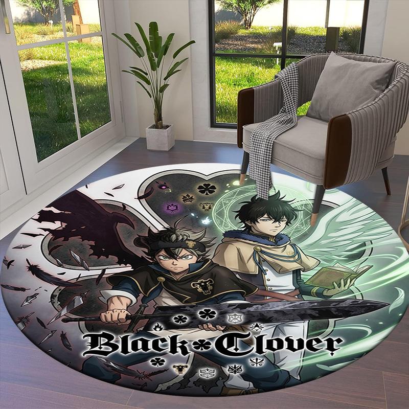Black Clover Round Area Rug Carpet Rug For Living Room Bedroom Sofa Playroom Decor Nonslip Floor Mat