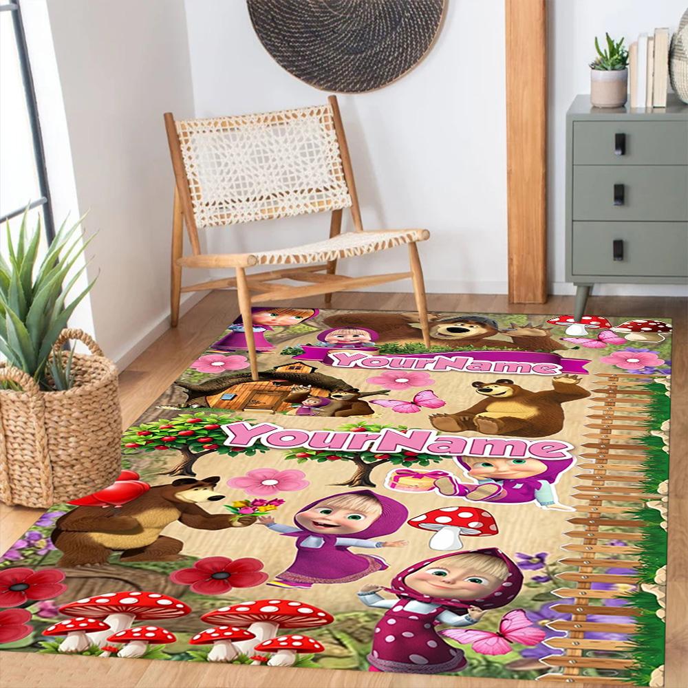 Masha Bear Customized Name Floor Mat Design for Dining Room Game Room Study room Outdoor Antislip Carpet Office home decor Best for Christmas