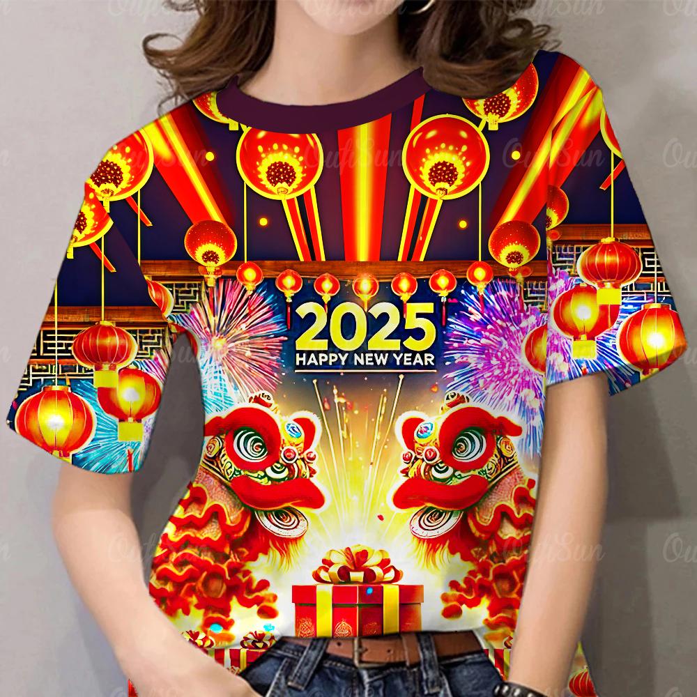 2025 Новый год 3D Печатные женские футболки Милая футболка с рисунком для женщин Летняя мода Уличная футболка Топы с круглым вырезом Короткие рукава