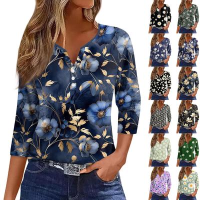 Жен. Футболка Футболка С принтом Пуговицы Рукав 3/4 Повседневные Выходные Мода Классический Классический V-образный вырез Обычный Верх