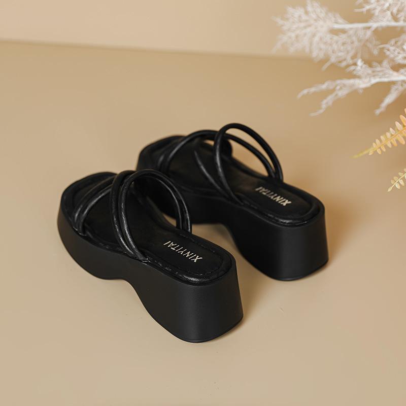 Guochao new Chinese platform sandals women's summer new silk satin square head muffin bottom wear national style cool slippers