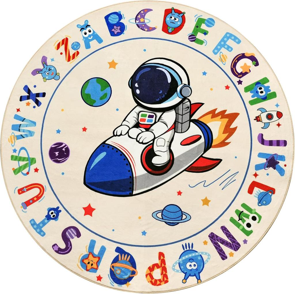 ABC Kids Alphabet Round Rug Washable Soft Nursery Rug,Non-Slip Educational Carpet with Space Astronaut Design for Classroom