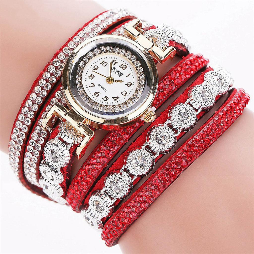 Leather Women Fashion Casual Decor Round Rhinestone Bracelet Watch