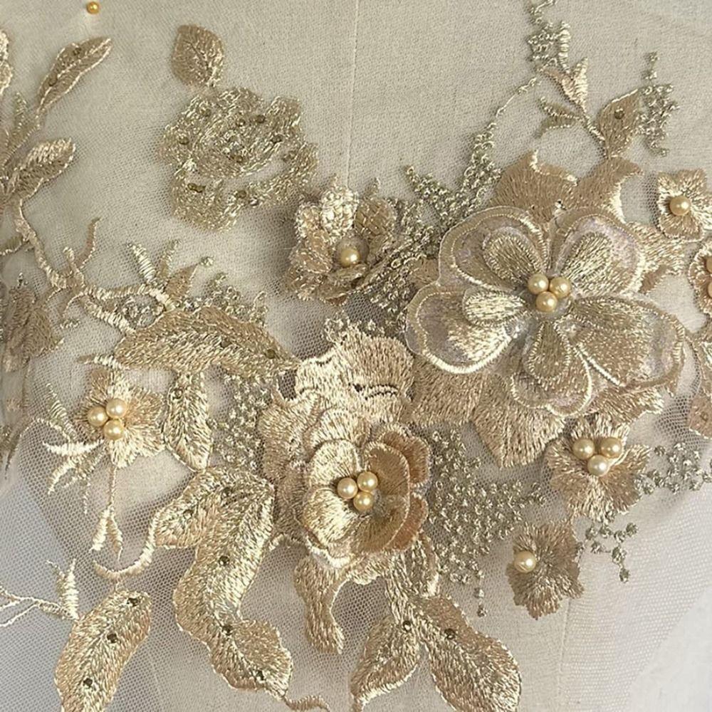 material 3D Flower Fabric Beaded Lace Applique Embroidered Flower Patch for Dresses Bridal Dress